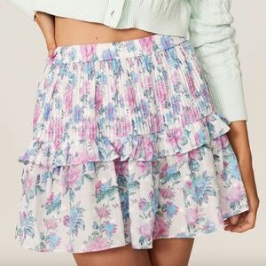 LoveShackFancy White Floral Ruffle Mini Skirt in Pink & Blue